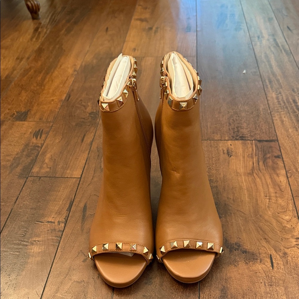 White House Black Market Tan Studded Peep-Toe Ankle Booties